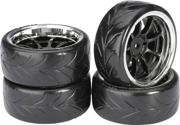 Absima 1:10 silniční model kompletní kola Drifter A 9paprskový černý chrom 4 ks