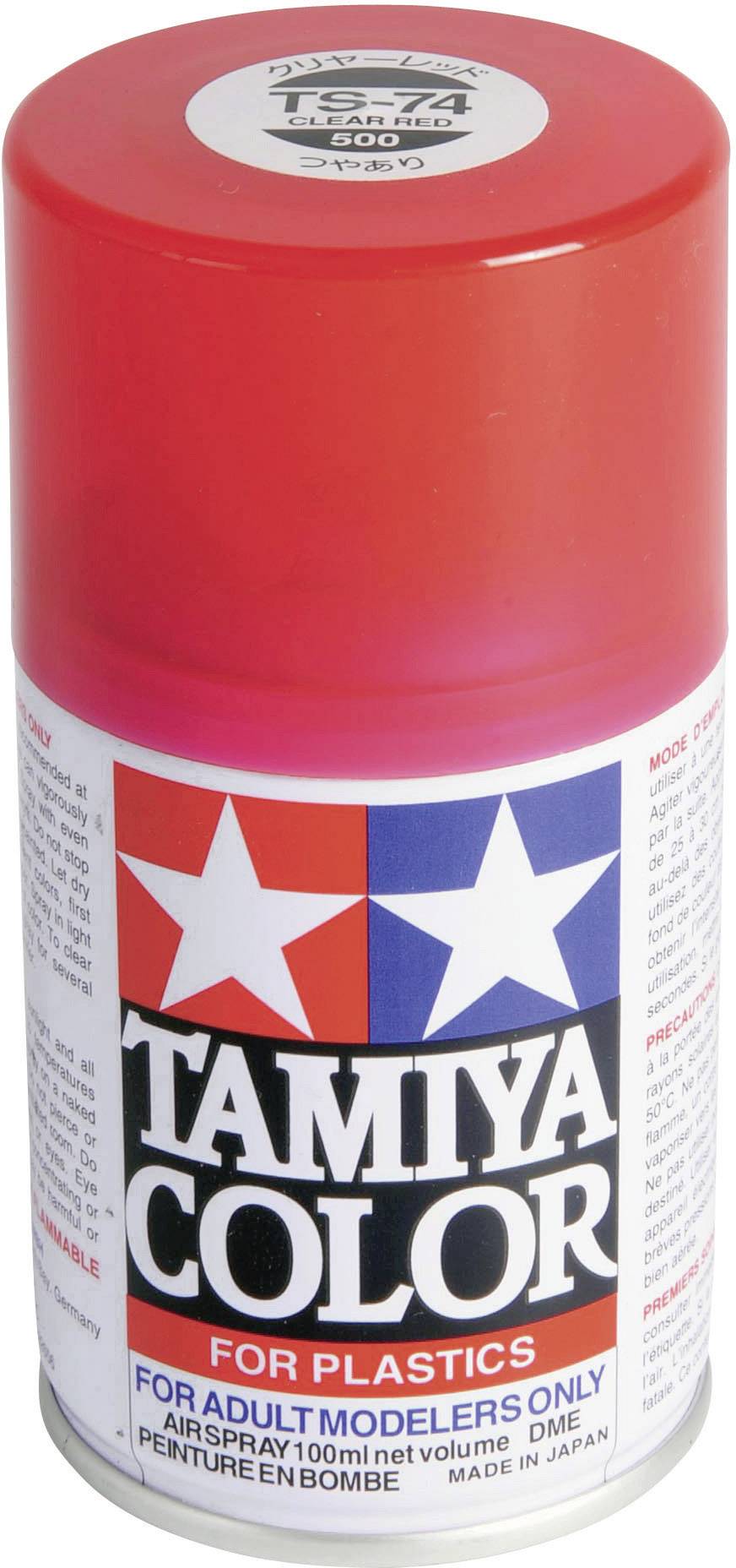 Sprej s červeným víčkem, etiketa s nápisem 'Tamiya Color for Plastics'. Obsahuje detaily o modelářské barvě ve spreji, speciálně určené pro plasty.
