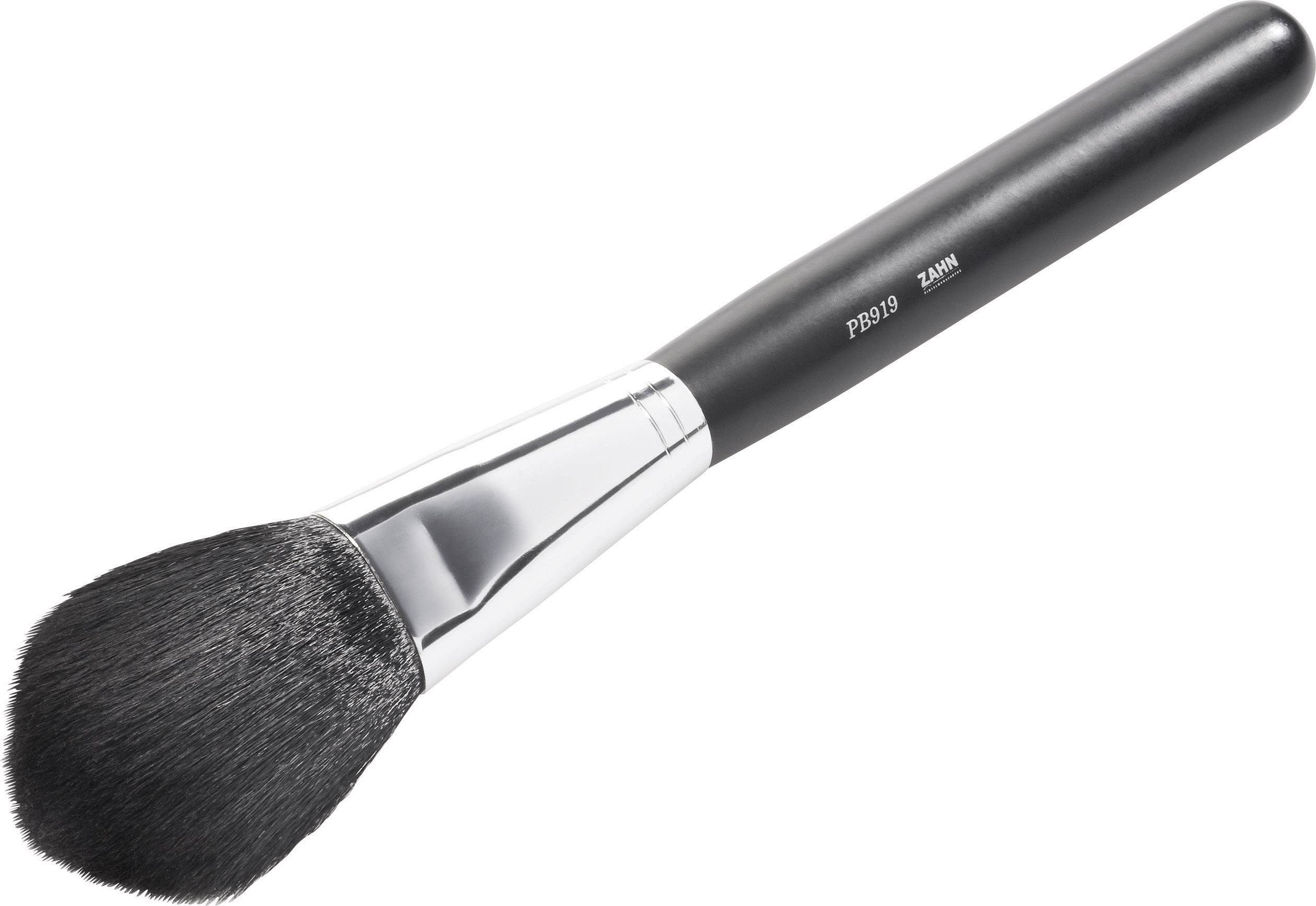 Štětec na make-up s černou rukojetí a měkkými, hustými štětinkami, vhodný pro nanášení pudru.