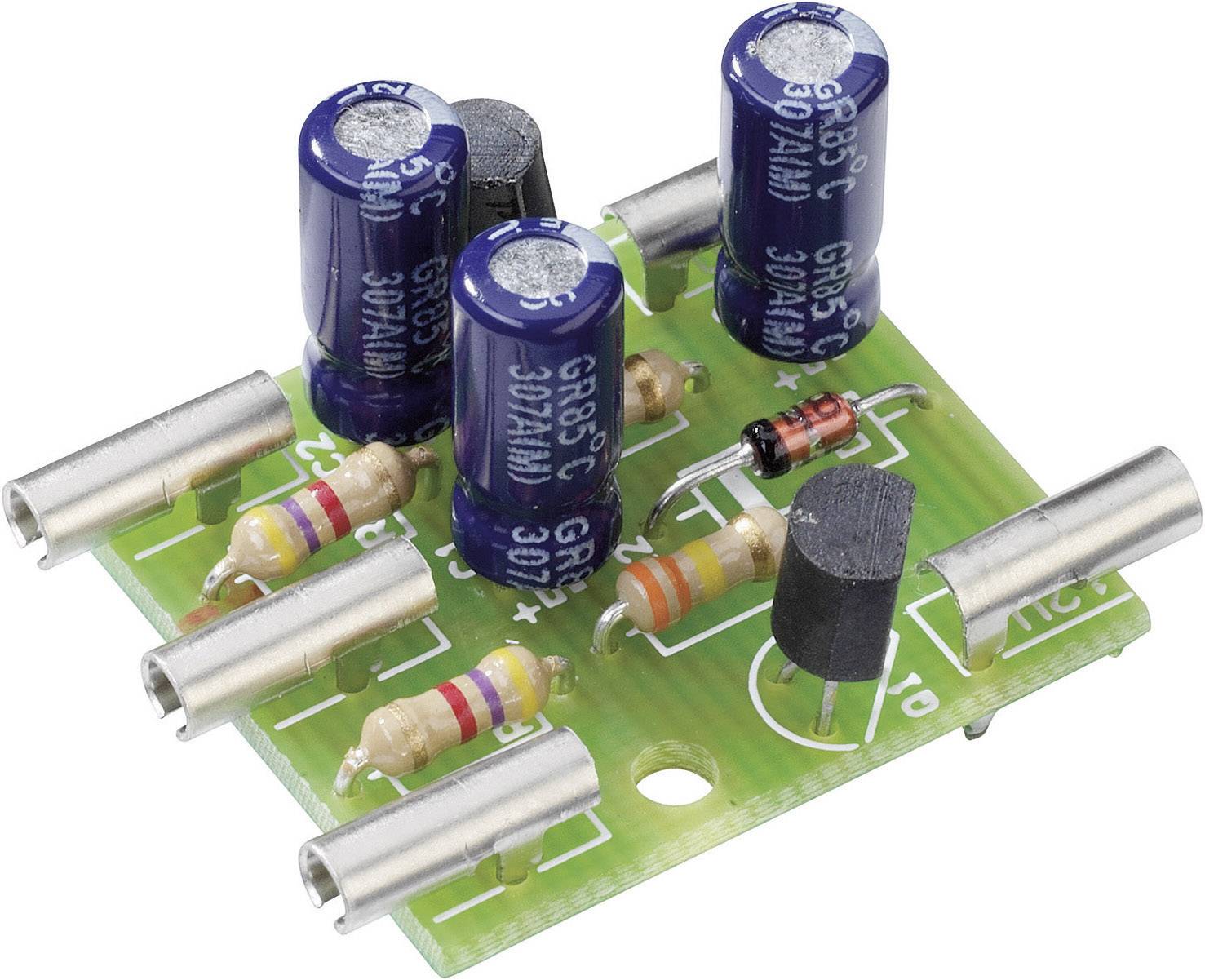 Elektronická deska plošných spojů se čtyřmi modrými kondenzátory, několika rezistory a tranzistory. Slouží k distribuci a řízení elektrického proudu.