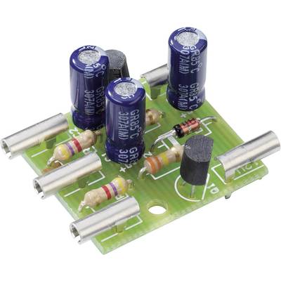 Elektronická deska plošných spojů se čtyřmi modrými kondenzátory, několika rezistory a tranzistory. Slouží k distribuci a řízení elektrického proudu.