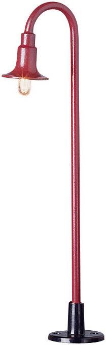 Červená stojací lampa s ohnutým, hadovitým sloupkem a černou základnou, která měkce svítí.