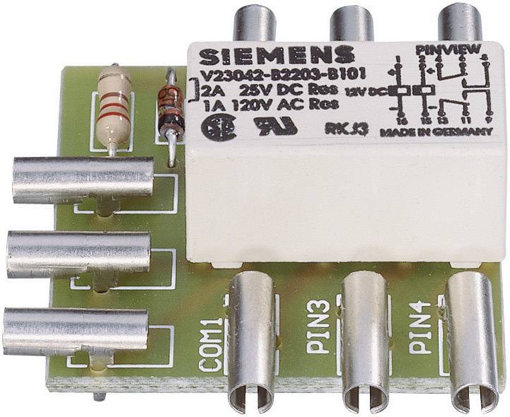 Malá zelená deska plošných spojů s elektronickými komponenty, včetně rezistoru a relé s nápisem 'Siemens' nahoře.