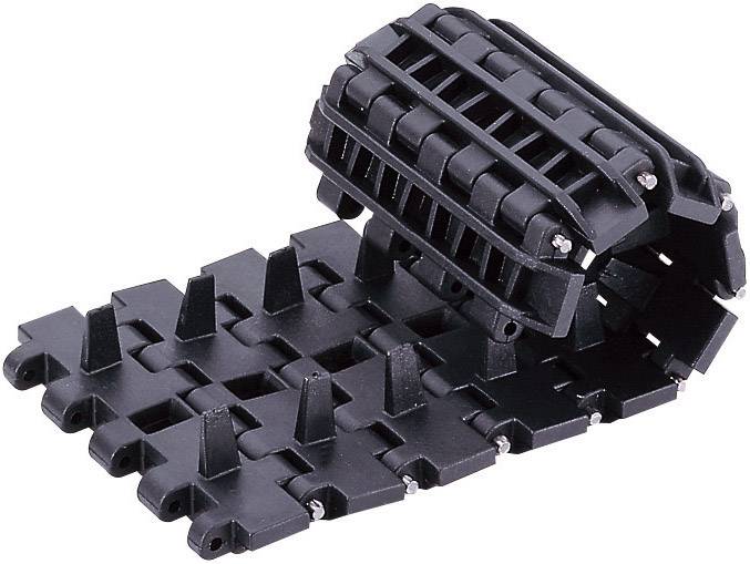 Černý plastový kabelový kanál v otevřené poloze s obdélníkovými články a mechanismem pro vyklopení, určený pro vedení kabelů.