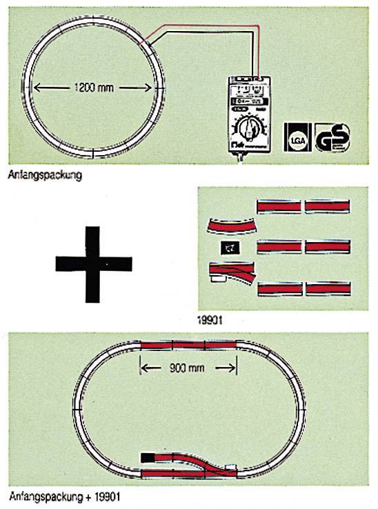 Diagram uspořádání výchozího balení a rozšíření kolejového okruhu modelové železnice s rozměry 1200 mm a 900 mm.
