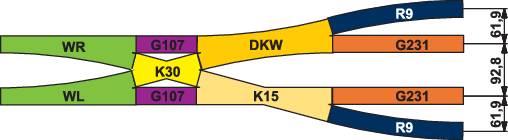 Diagram větvení kolejí: Vlevo WR a WL vedou k uzlu K30; nahoře DKW vede k R9; dole K15 vede k G231. Důležitý uzel G107.