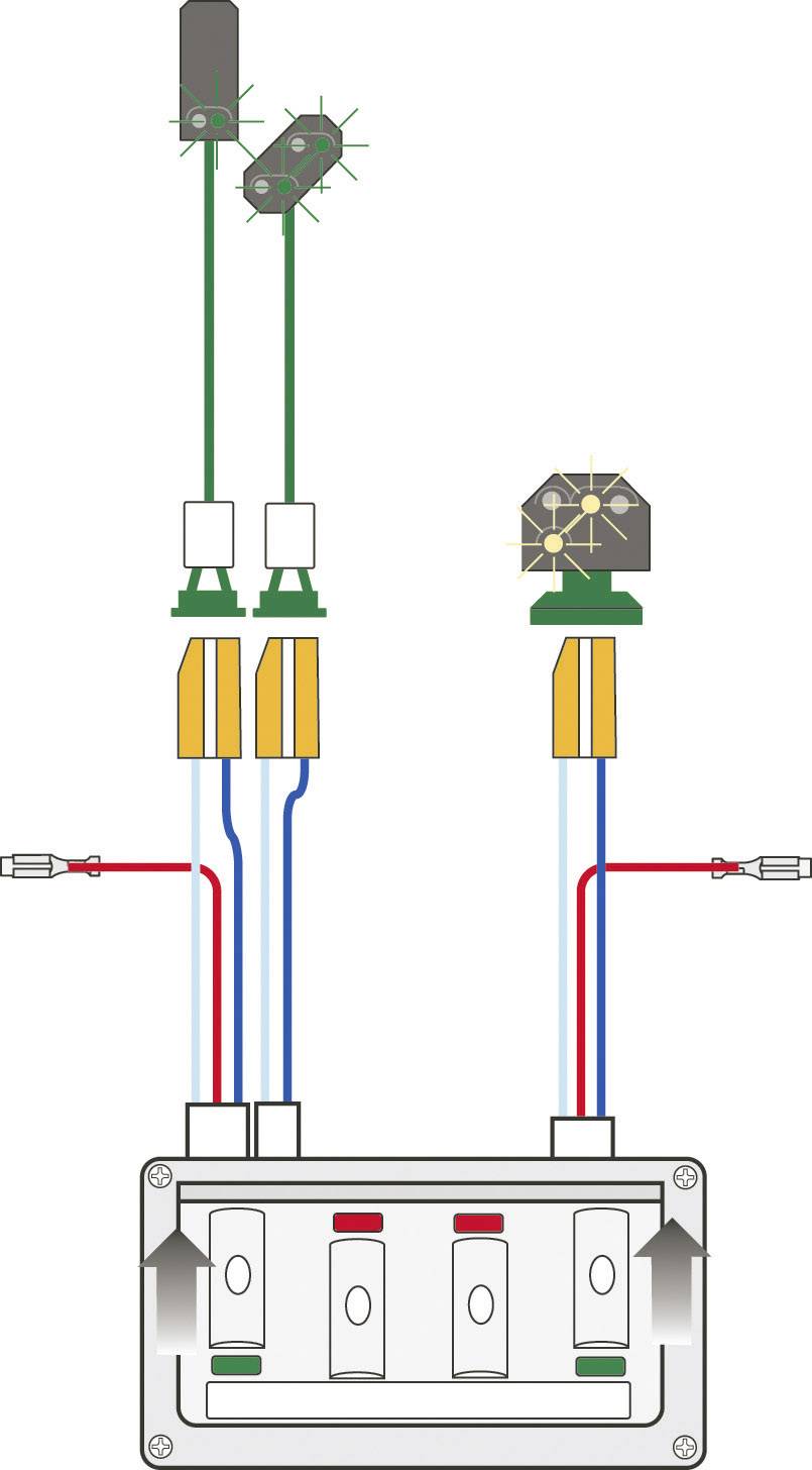 Schéma elektrického spínače se třemi polohami, propojený vodiči v různých barvách. Znázorňuje zapojení a připojení.
