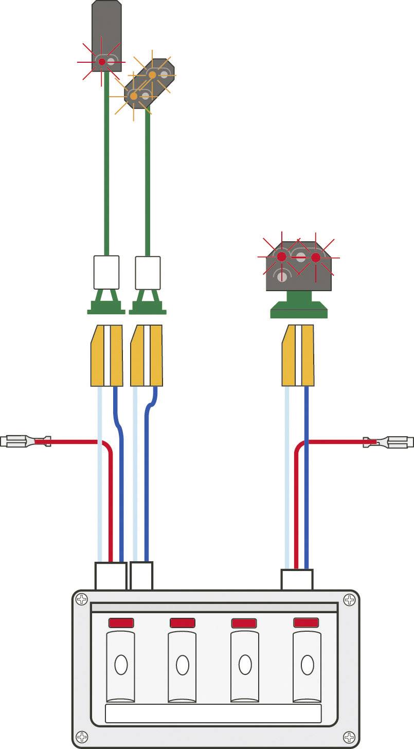 Diagram elektrického spínače s kabeláží: Zobrazuje svorky, vodiče a symboly znázorňující obvod se třemi pojistkami.