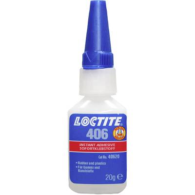 Láhev Kleberu s modrým uzávěrem a etiketou 'Loctite 406'. Vhodná pro gumu a plasty, obsah 20g.