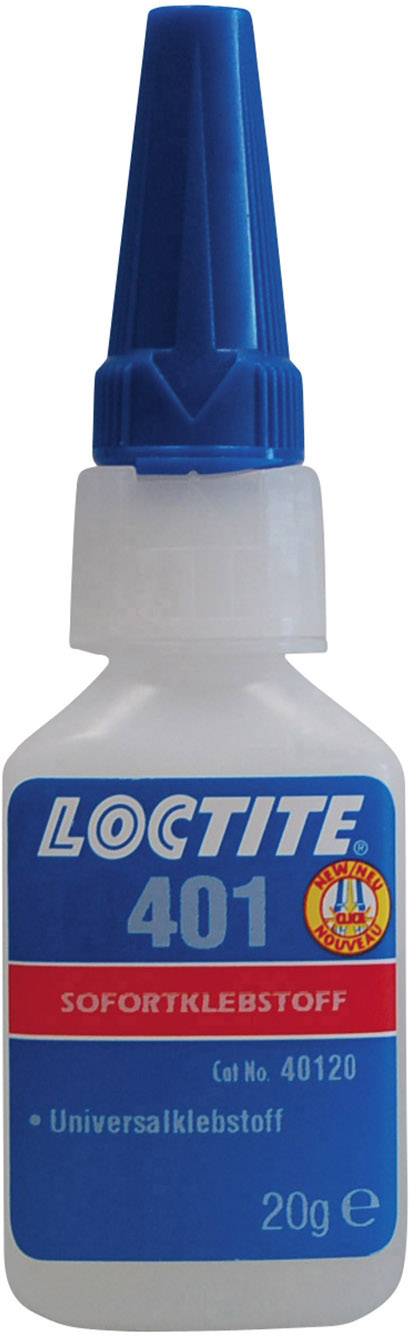 Láhev s modrým víčkem, nápis "Loctite 401 Okamžitý lepidlo".