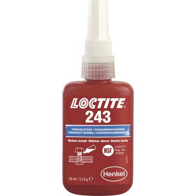 Červená lahvička s nápisem 'Loctite 243', středně pevný zajišťovač závitů. Obsah 50 ml. Viditelný firemní název 'Henkel' a certifikační značka NSF.