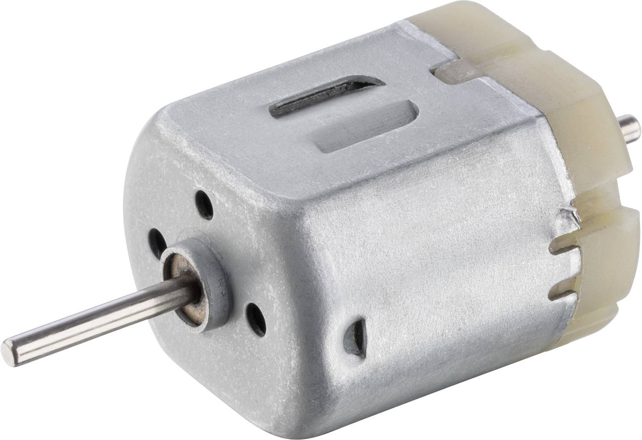 Malý elektromotor s válcovým pouzdrem a dvěma přípojkami pro napájení, často používaný v hračkách.