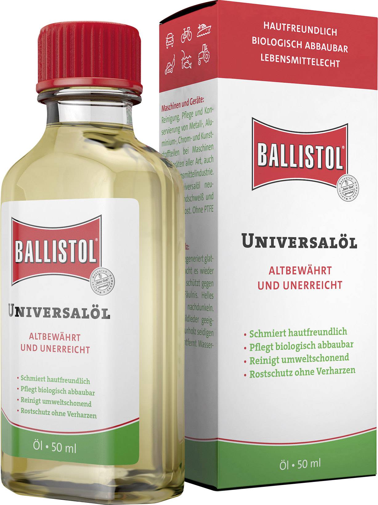 Láhev a obal 'Ballistol universálního oleje', 50 ml. Propagován jako šetrný k pokožce, biologicky rozložitelný a potravinářsky nezávadný.