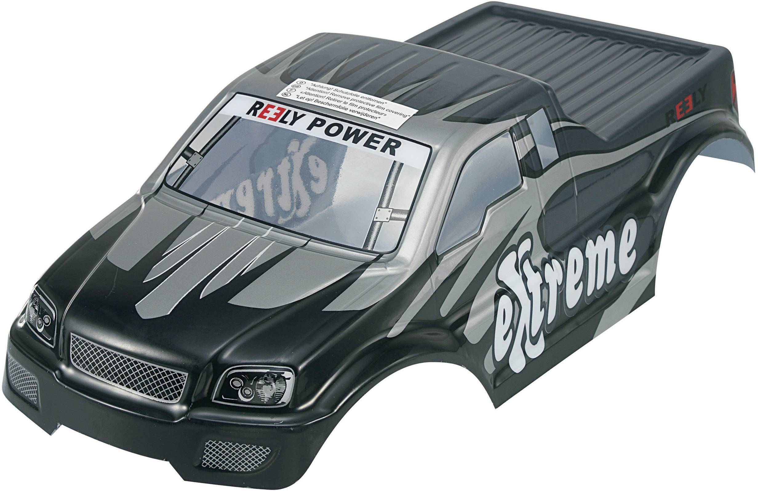 Karoserie hračkářského auta v černé a šedé barvě s nápisem 'Extreme'. Design působí sportovně a dynamicky.