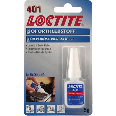 Obal lahvičky 'Loctite 401 Okamžitý lepidlo'. Vhodný pro porézní materiály. Obsahuje 5g lepidla.