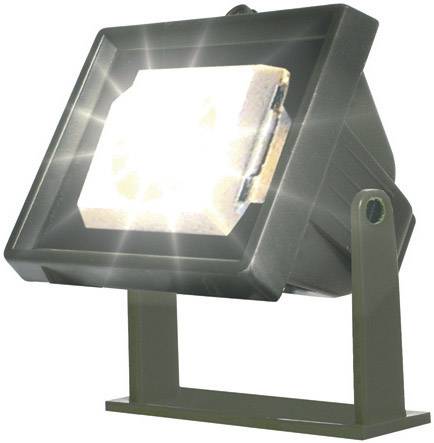 Zářivý LED halový reflektor s obdélníkovým tělem umístěný na stabilním, nastavitelném stojanu.