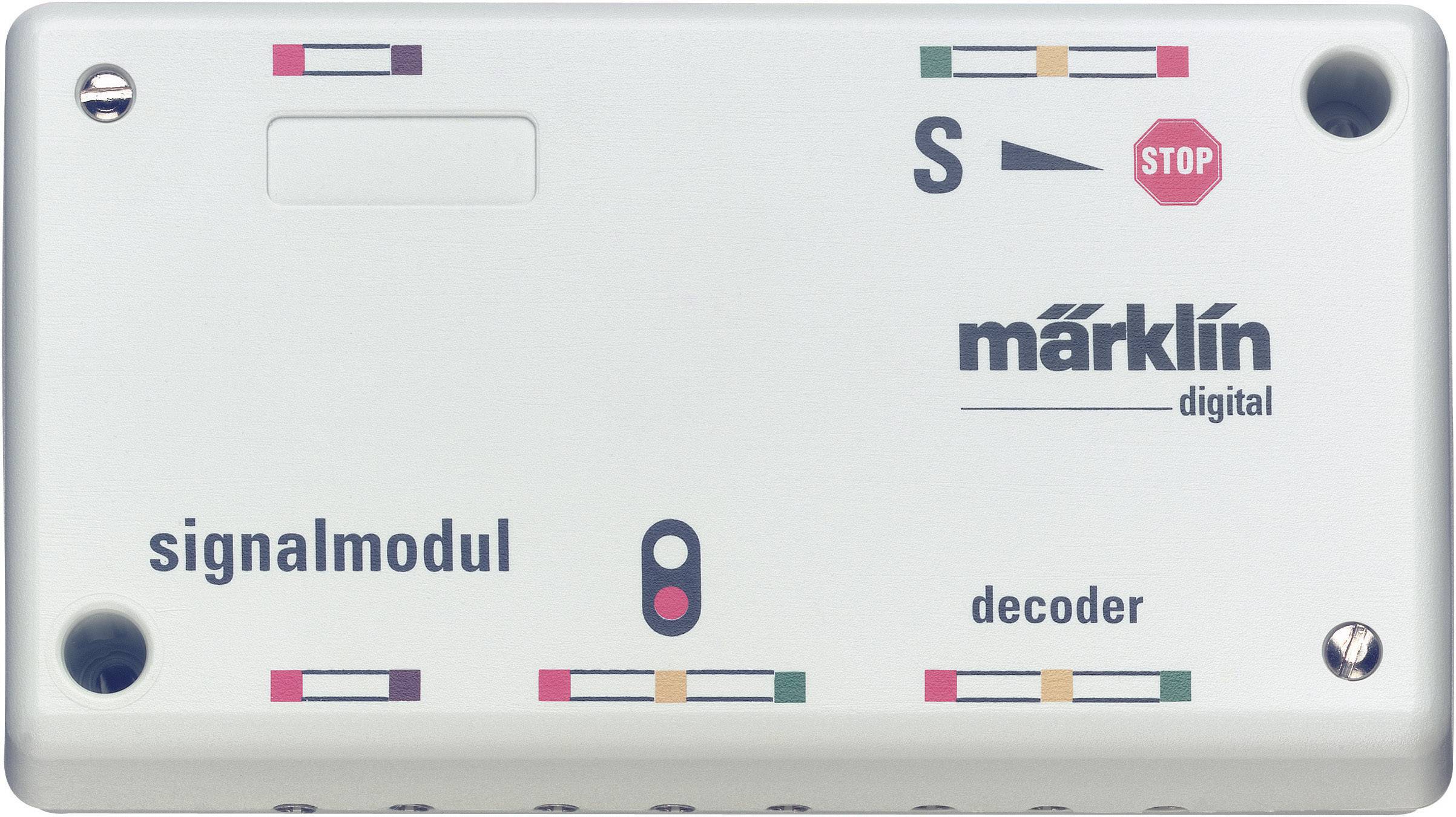Stříbrný digitální signální modul Märklin s nápisem "signální modul" a "dekodér", červenými a zelenými značkami a symbolem zastavení.