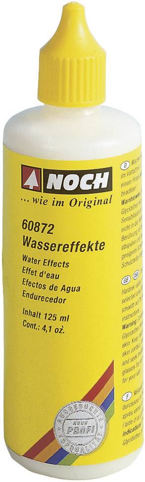 Žlutá lahvička s nápisem 'NOCH Vodní efekty'. Obsahuje 125 ml. Používá se pro modelové železniční krajiny k vytváření vodních ploch.