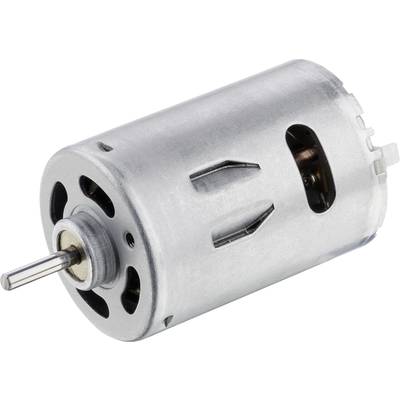Malý válcovitý elektromotor s kovovým krytem a viditelnou hřídelí. Motor má větrací otvory.