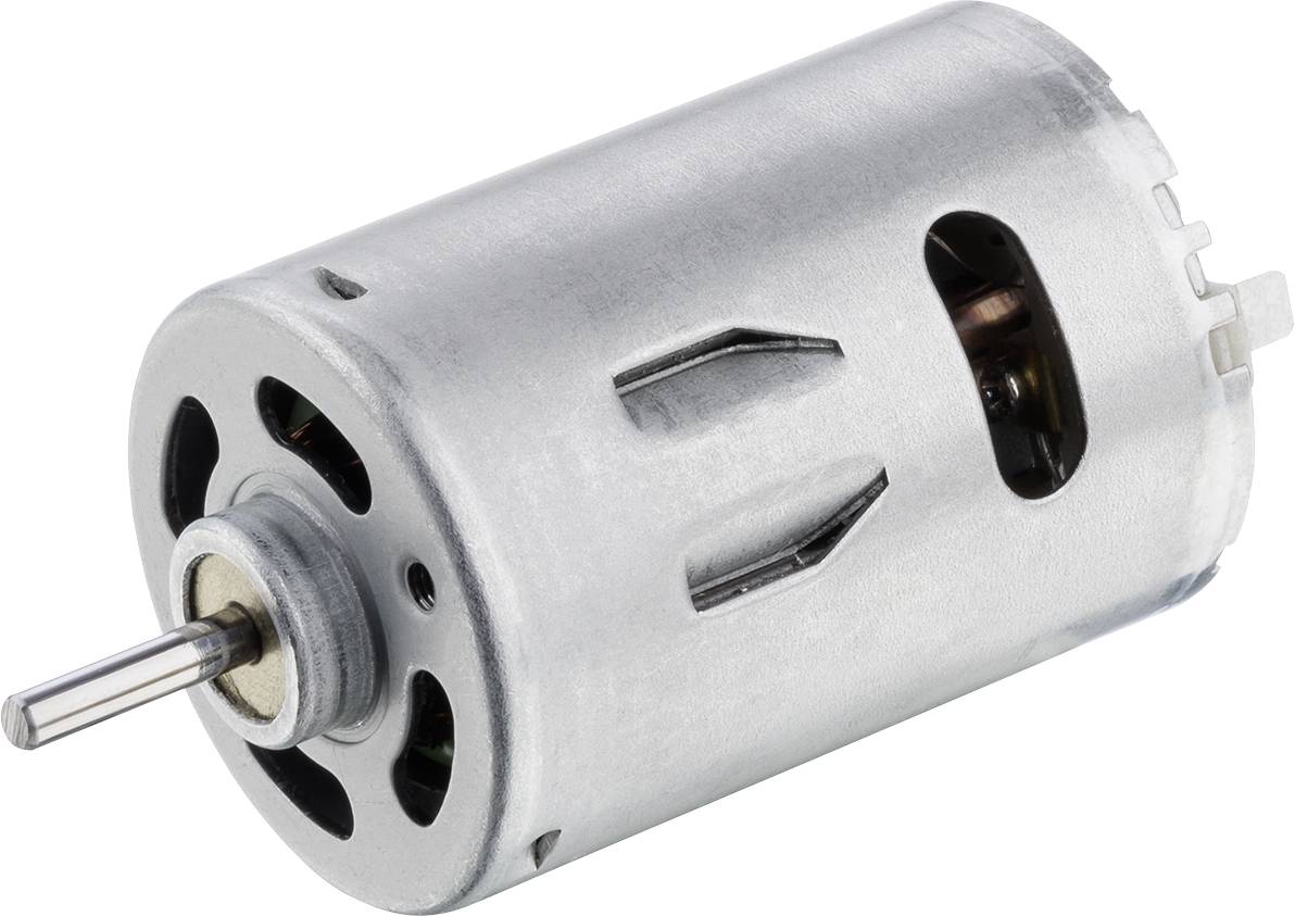 Malý elektromotor z kovu s viditelnou hnací hřídelí a větracími otvory na povrchu krytu.