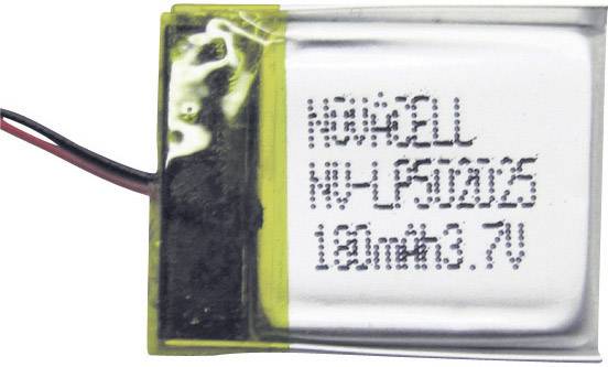 Malý lithium-iontový akumulátor s potiskem 'NEWELL NH-LP001S, 150mAh, 3.7V', žlutou páskou na straně, dva připojovací vodiče.