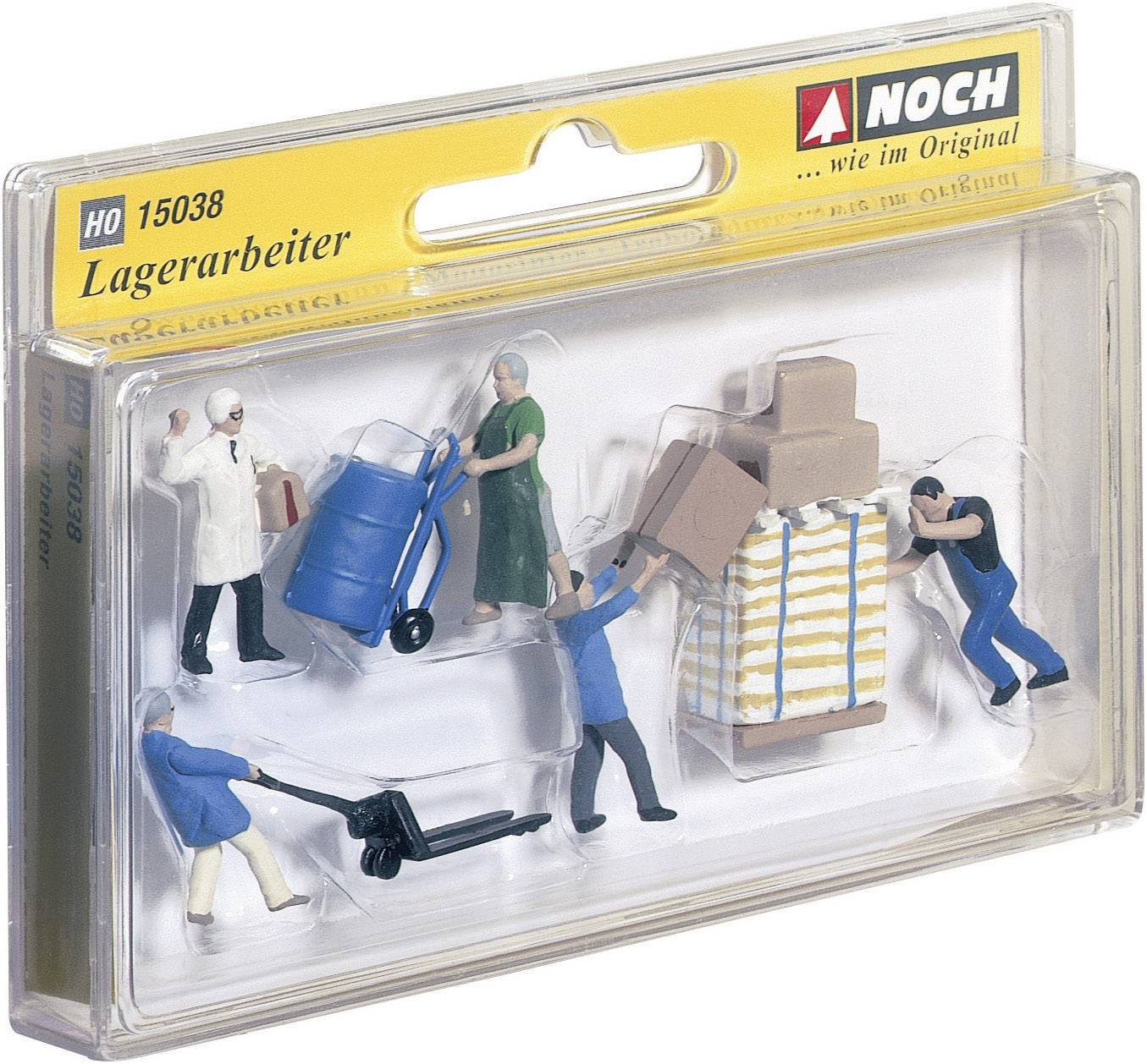 Sada figurek s pěti miniaturními figurkami, které zobrazují dělníky ve skladu. Nesou krabice, používají ruční vozík a spolupracují.
