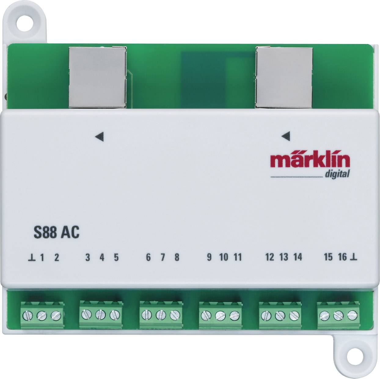 Märklin S88 AC modul se 16 vstupy pro zpětné hlášení v digitálním systému řízení modelové železnice. Bílý kryt se zelenou základnou.