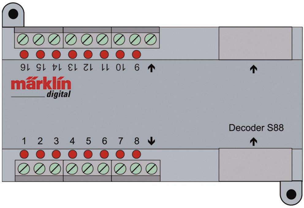 Dekodér S88 od Märklin Digital s očíslovanými svorkami. Šipky ukazují směr vstupu a výstupu.