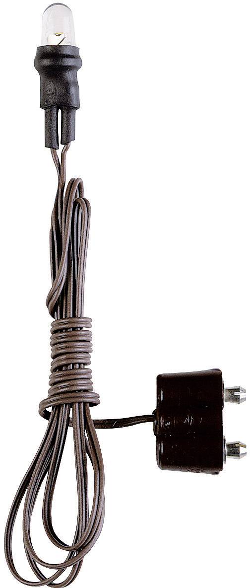 Hnědý elektrický kabel se zástrčkou a malou žárovkou na jednom konci, svinutý uprostřed, s izolační plastovou vrstvou.