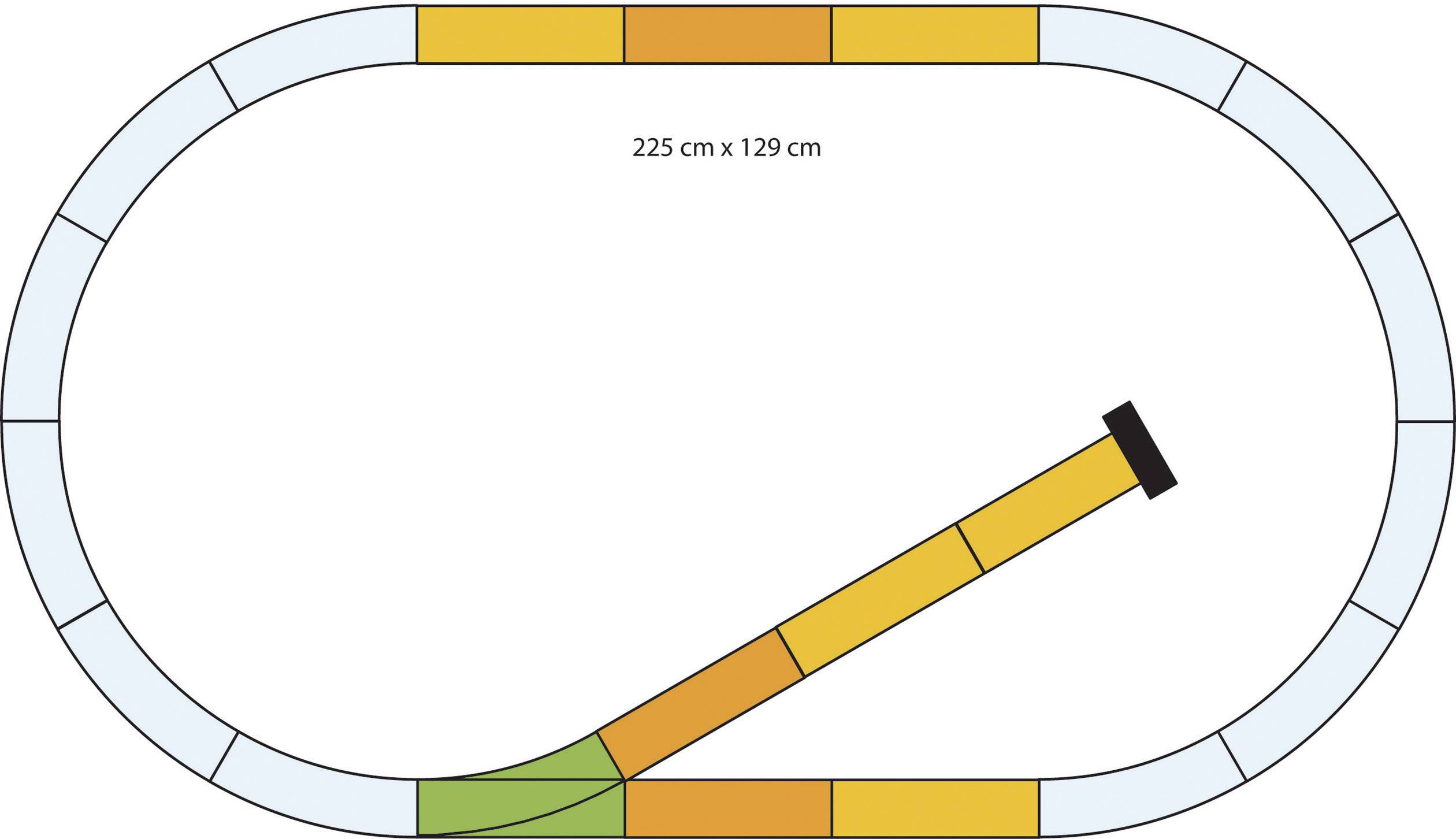 Oválný kolejový úsek o rozměrech 225 cm x 129 cm. Obsahuje dvě žluté a dvě zelené koleje, které vytvářejí odbočku.