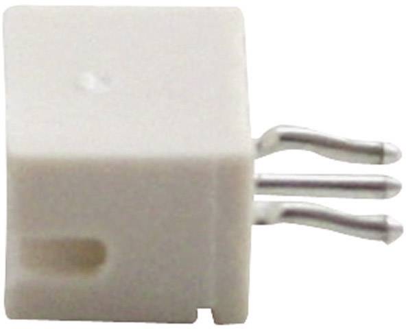 Bílá, obdélníková elektrická zástrčka se třemi kovovými kolíky vyčnívajícími z boku pouzdra.