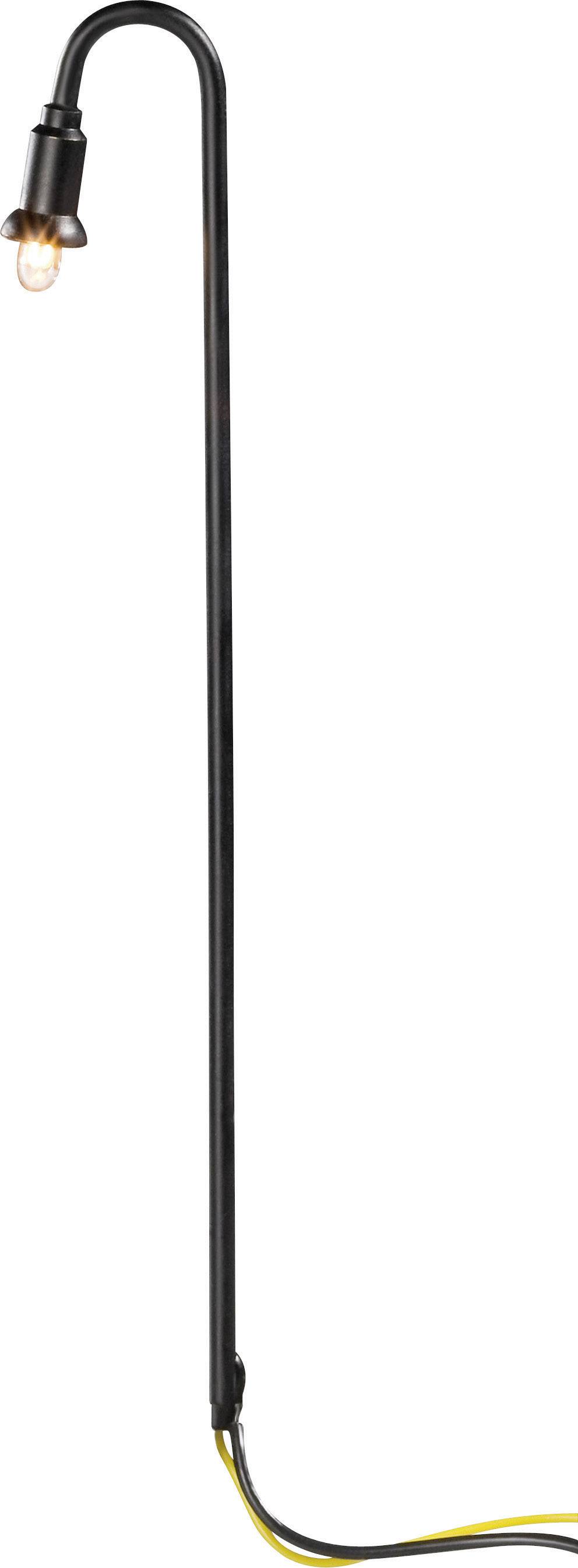 Černá lampa s ohnutým stojanem a zářivou žárovkou na vrcholu.