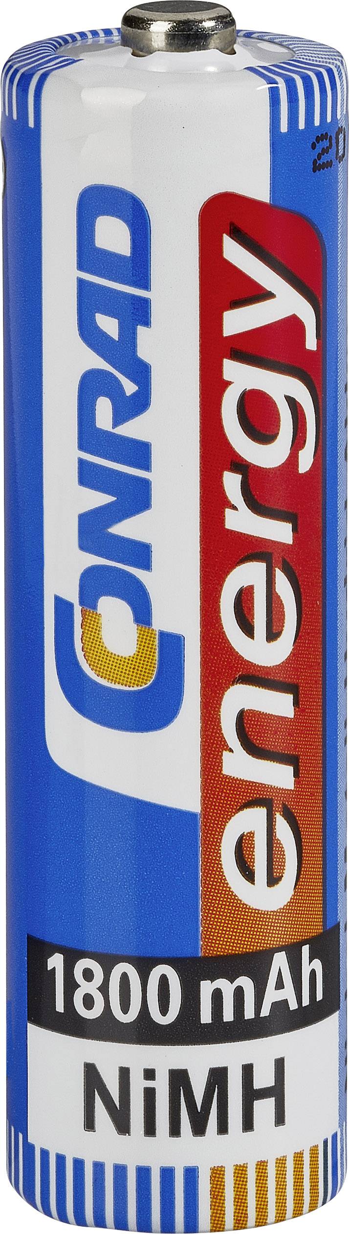 Modrá a bílá NiMH baterie značky Conrad, 1800 mAh, s nápisem 'energy'.