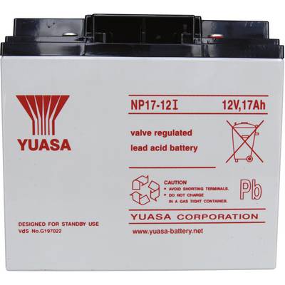 Baterie olověného typu 'Yuasa', model NP17-12I, 12V, 17Ah. Obsahuje varování: 'Nenabíjet v uzavřeném plynotěsném kontejneru'.