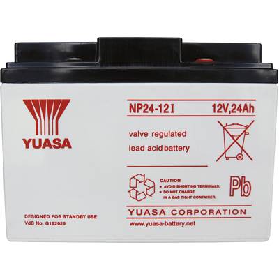 Baterie Yuasa, model 'NP24-12I', 12V, 24Ah. Obsahuje varování pro bezpečné použití a pokyny k řádné likvidaci.