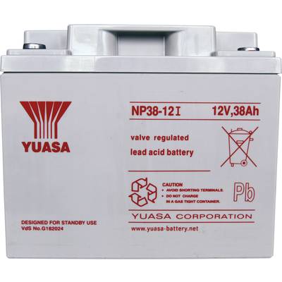 Bílá olověná baterie značky Yuasa, model NP38-12I, 12V a 38Ah, s bezpečnostními pokyny pro použití a likvidaci.