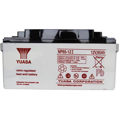 Olověný akumulátor Yuasa, model NP65-12I, 12V, 65Ah. Nápis: 'Nezpůsobujte zkrat. Používejte v plynotěsné nádobě.'