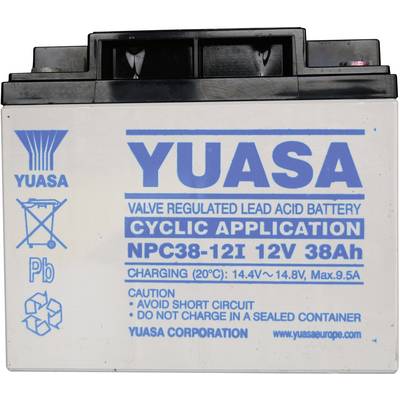 Baterie Yuasa pro cyklické použití, 12V 38Ah, s výstražnými upozorněními: Zabraňte zkratu a nenabíjejte v uzavřených nádobách.