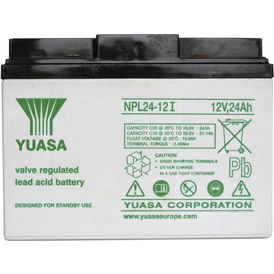 Olověný akumulátor s regulovaným ventilem YUASA, model NPL24-12I, 12V, 24Ah. Vhodný pro použití v pohotovostním režimu. Obsahuje bezpečnostní a provozní pokyny.