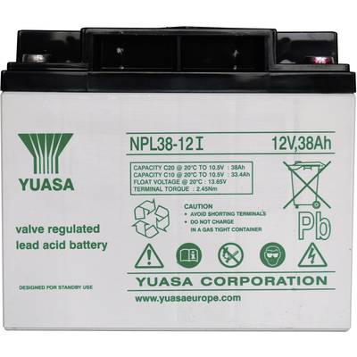 Olověný akumulátor s nápisem 'YUASA', model 'NPL38-12I', kapacita 38Ah, napětí 12V. Bezpečnostní upozornění a technické specifikace.