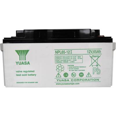 Olověná baterie Yuasa, model NPL65-12I, 12V, 65Ah, s bezpečnostními a provozními pokyny na přední straně.