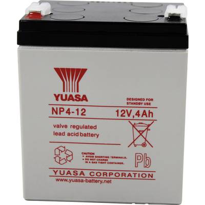 Baterie s nápisem 'YUASA NP4-12', 12V, 4Ah, ventilově řízená, olověná. Vyvinuta pro pohotovostní použití, výstražné upozornění níže.