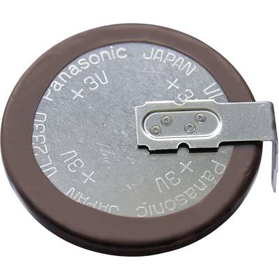 Kulatá baterie s kovovým kontaktem, na které je napsáno 'Panasonic', '+3V' a 'Japan'. Zdá se, že je určena pro elektronická zařízení.