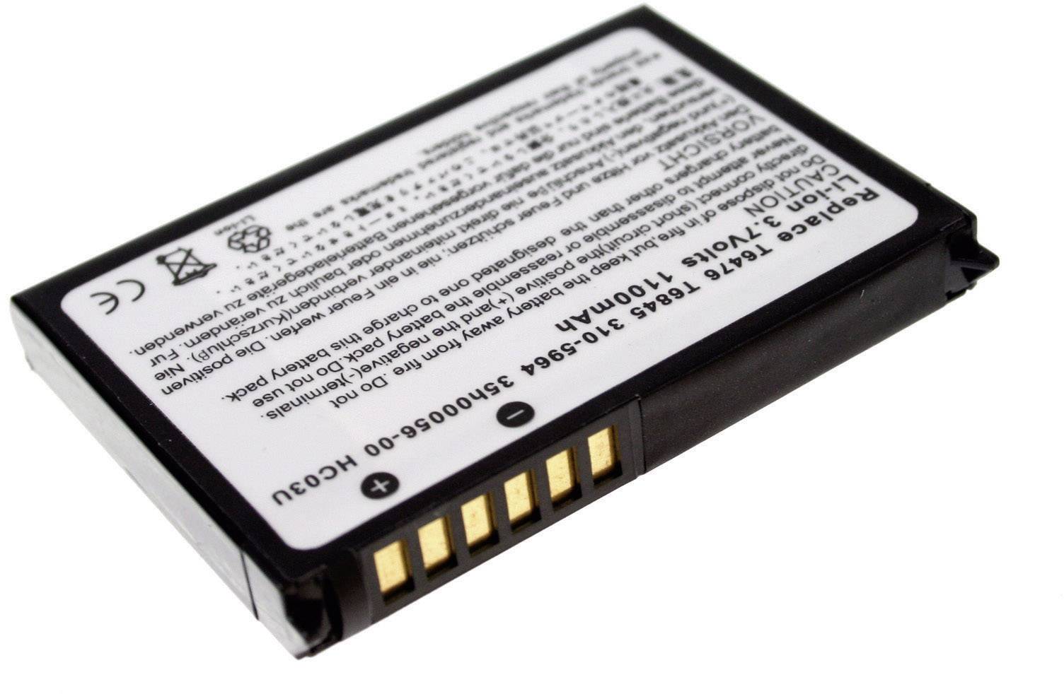 Obdélníkový lithium-iontový akumulátor s kontakty a štítkem. Vhodný pro elektronická zařízení, jako jsou fotoaparáty nebo telefony.