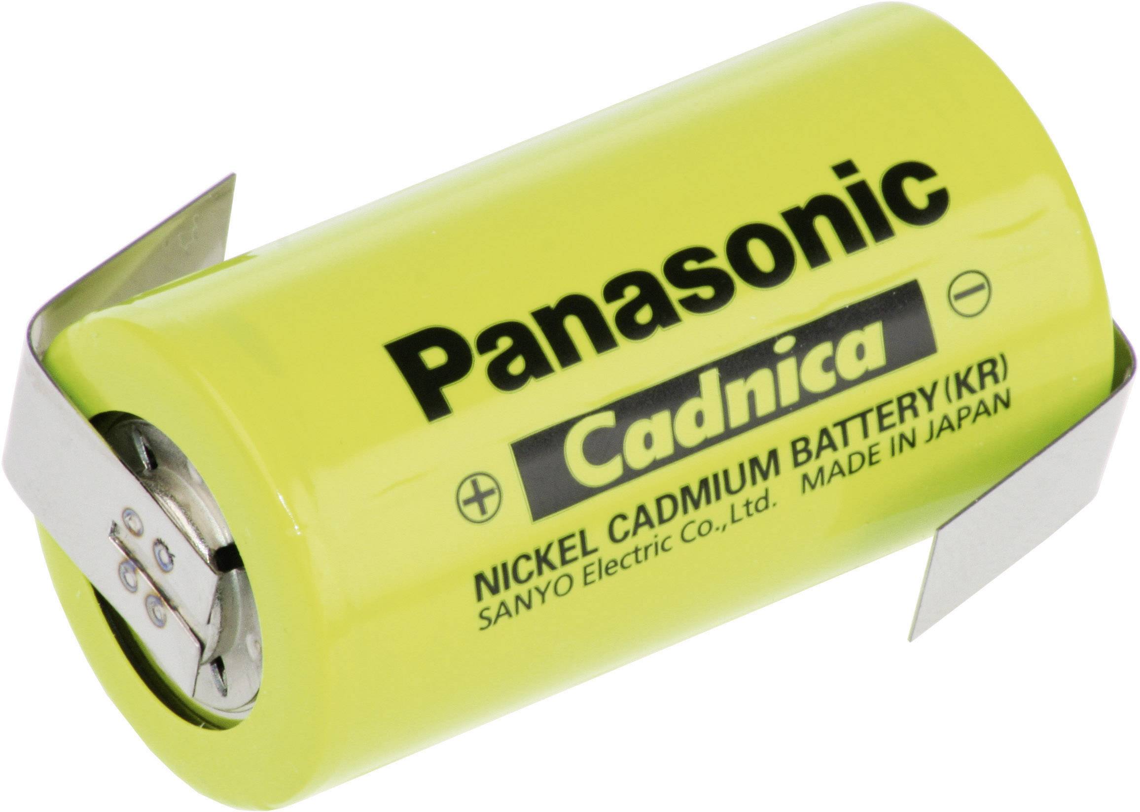 Nikl-kadmiová baterie Panasonic Cadnica se žlutým pouzdrem a kovovými výstupky, vyrobená společností SANYO Electric Co., Ltd. v Japonsku.