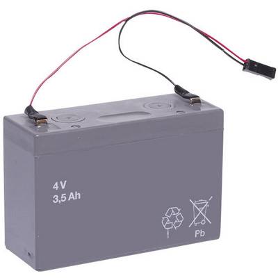 Šedý akumulátor s nápisem '4V, 3,5Ah', symbolem recyklace a škrtnutou popelnicí. Dva vyčnívající kabely.