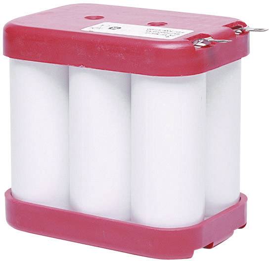 Akumulátorový pack s červeným pouzdrem, složený ze čtyř válcovitých článků, nahoře opatřený dvěma připojovacími svorkami.