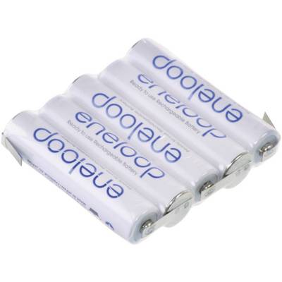 Čtyři bílé dobíjecí baterie 'eneloop' položené vedle sebe, s modrým popiskem.