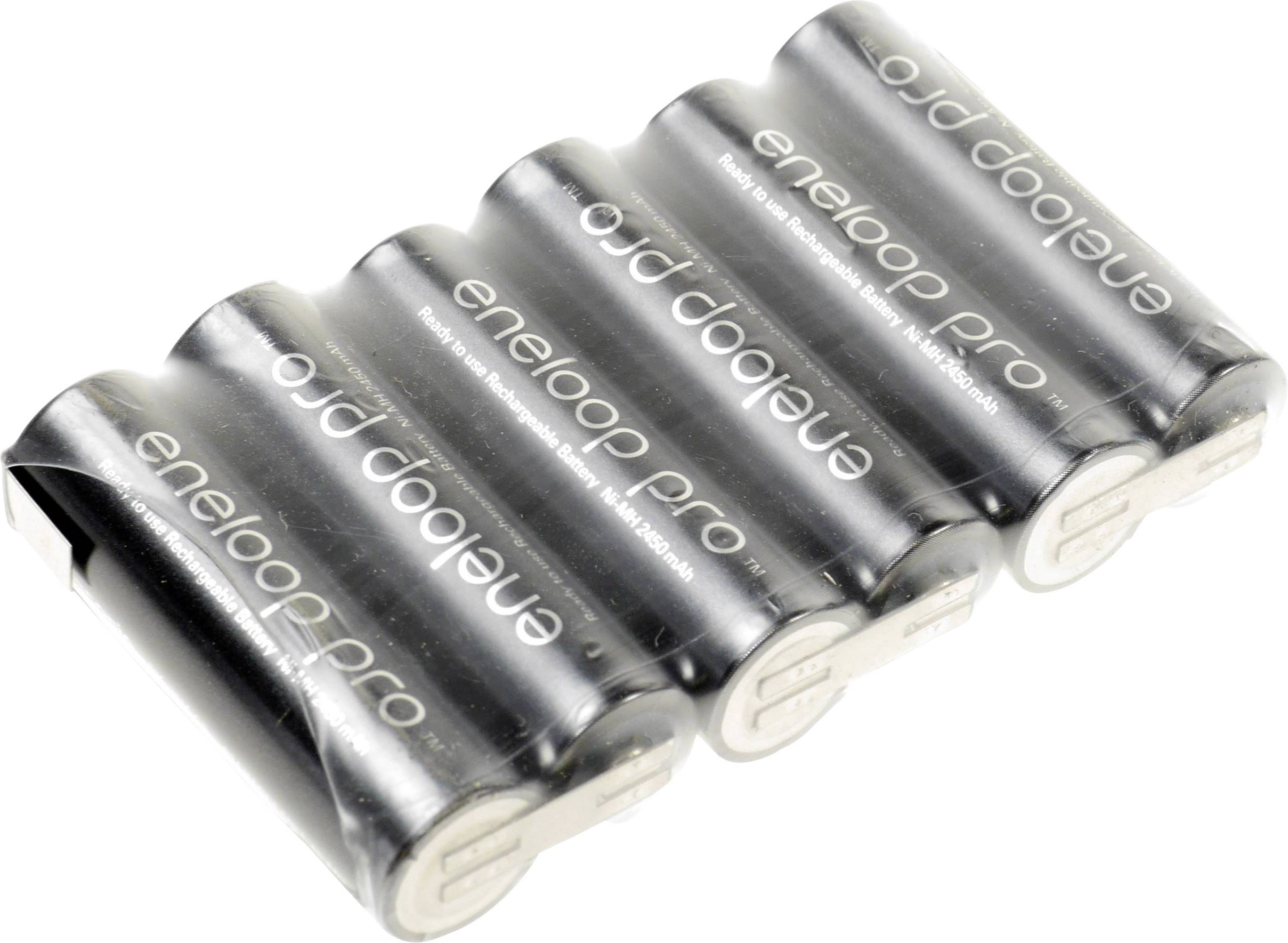 Pět černých baterií značky „eneloop pro" leží vedle sebe. Jsou nabíjecí a vhodné pro použití v elektronických zařízeních.