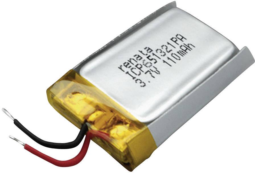 Malý lithium-polymerový akumulátor se stříbrným povrchem, se dvěma kabely a nápisem '3.7V 110mAh', vhodný pro kompaktní zařízení.